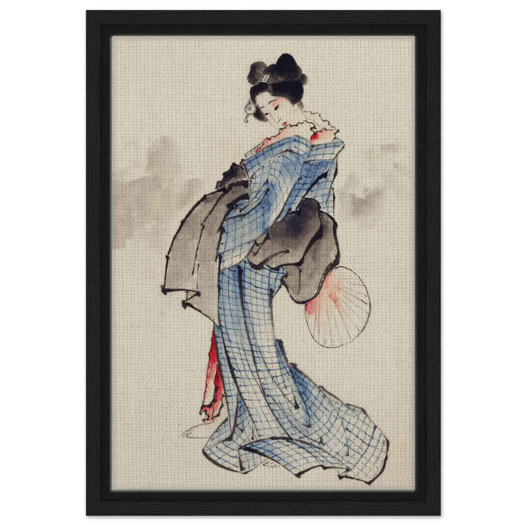 Frau mit Fächer im karierten Kimono - Signature Collection - HINORI