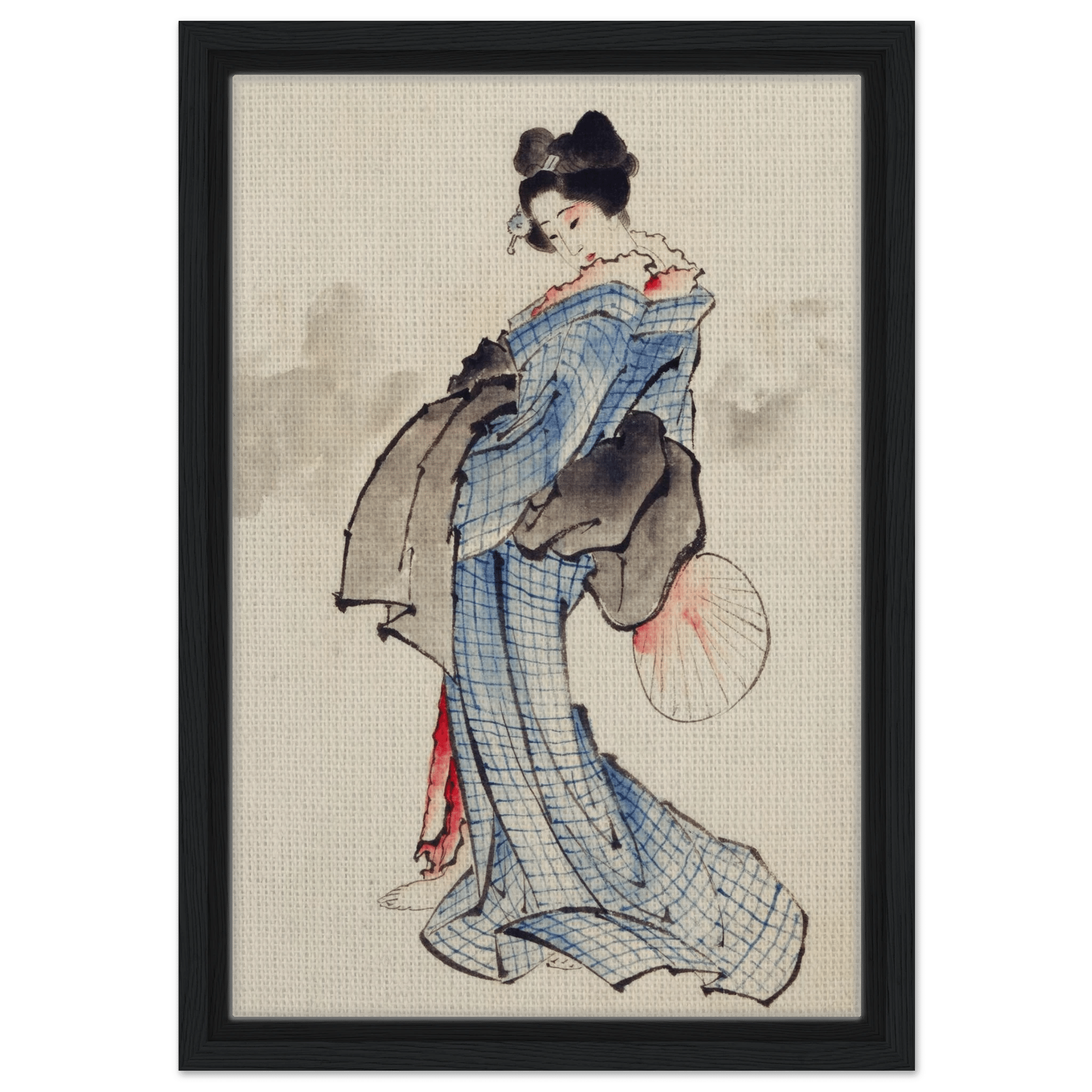 Frau mit Fächer im karierten Kimono - Signature Collection - HINORI