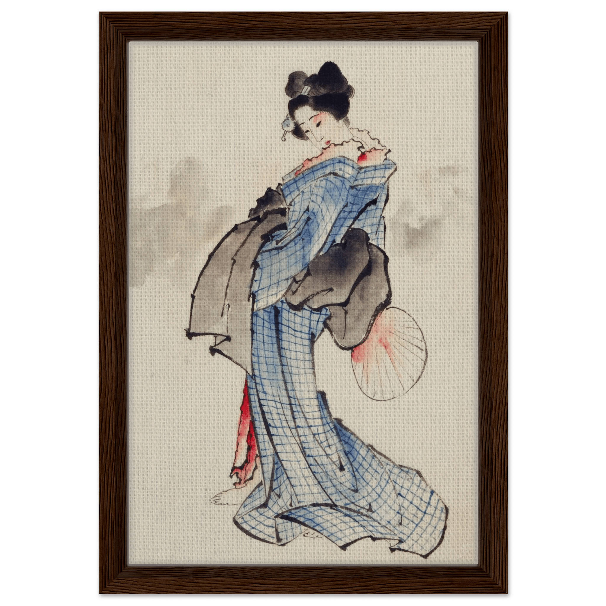 Frau mit Fächer im karierten Kimono - Signature Collection - HINORI