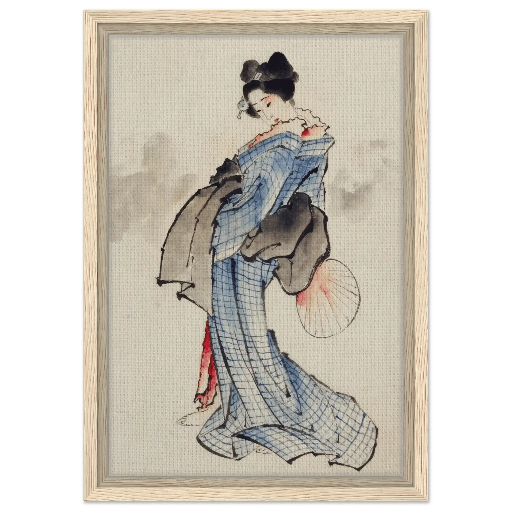 Frau mit Fächer im karierten Kimono - Signature Collection - HINORI