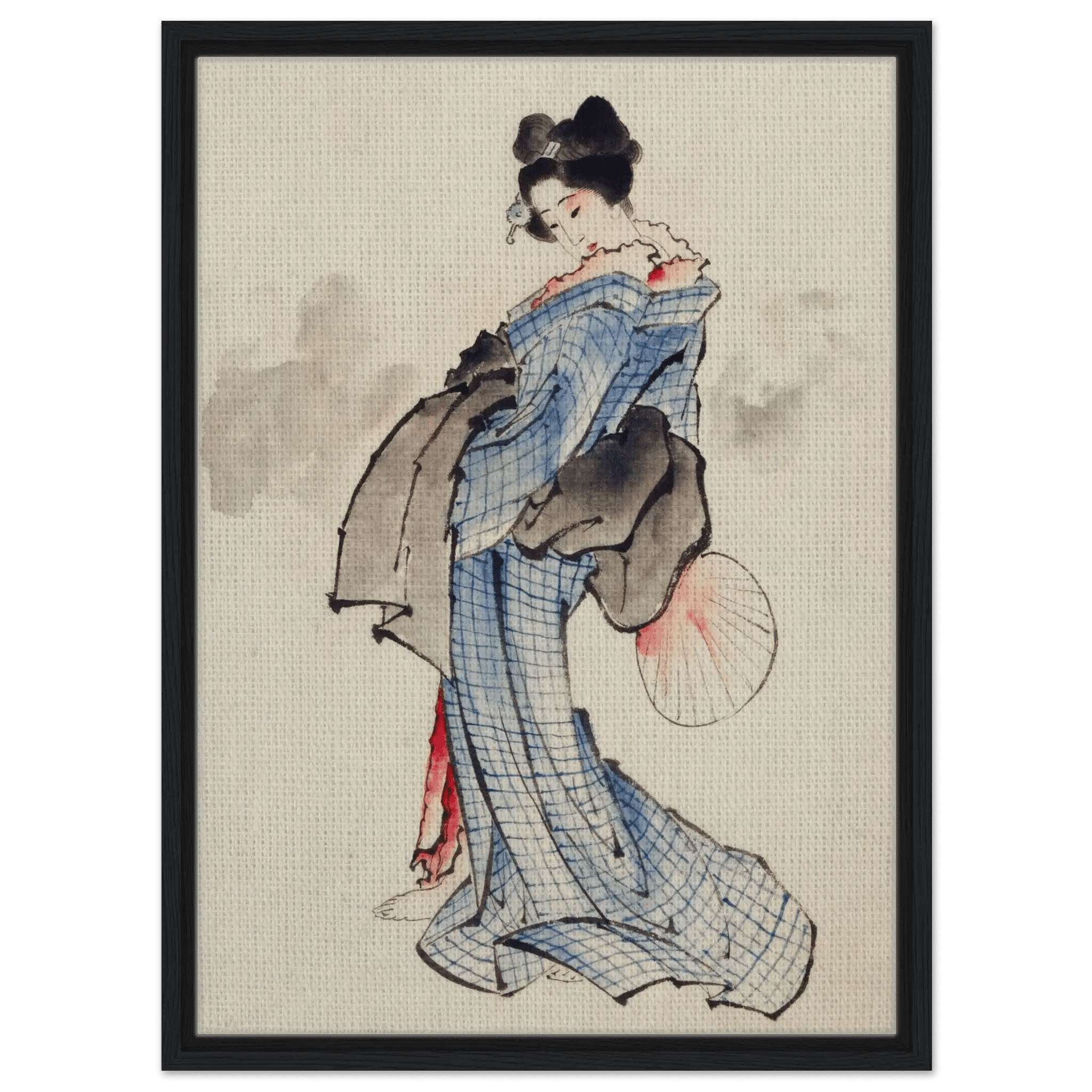 Frau mit Fächer im karierten Kimono - Signature Collection - HINORI