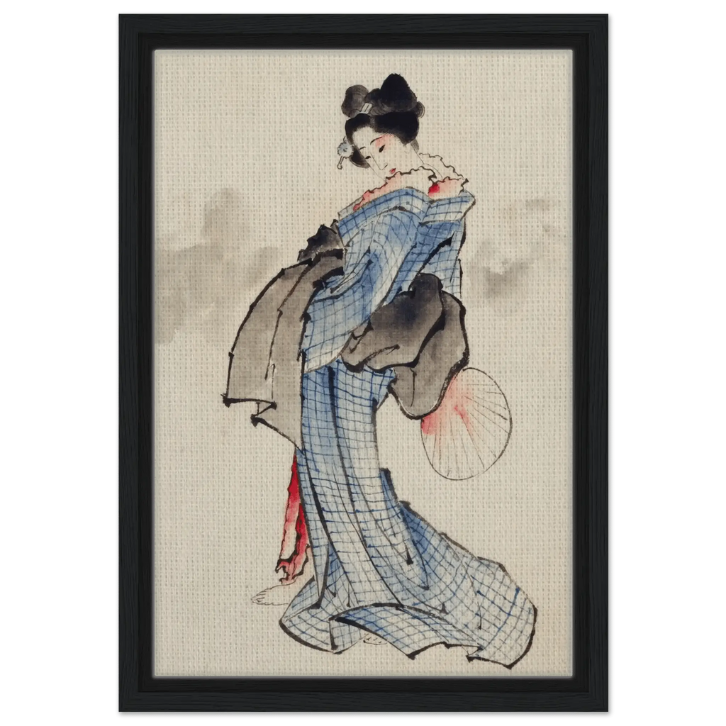 Frau mit Fächer im karierten Kimono - Signature Collection - HINORI