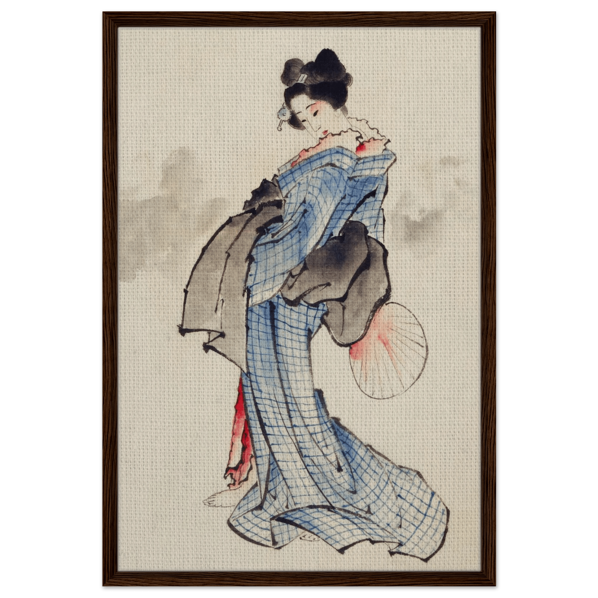 Frau mit Fächer im karierten Kimono - Signature Collection - HINORI