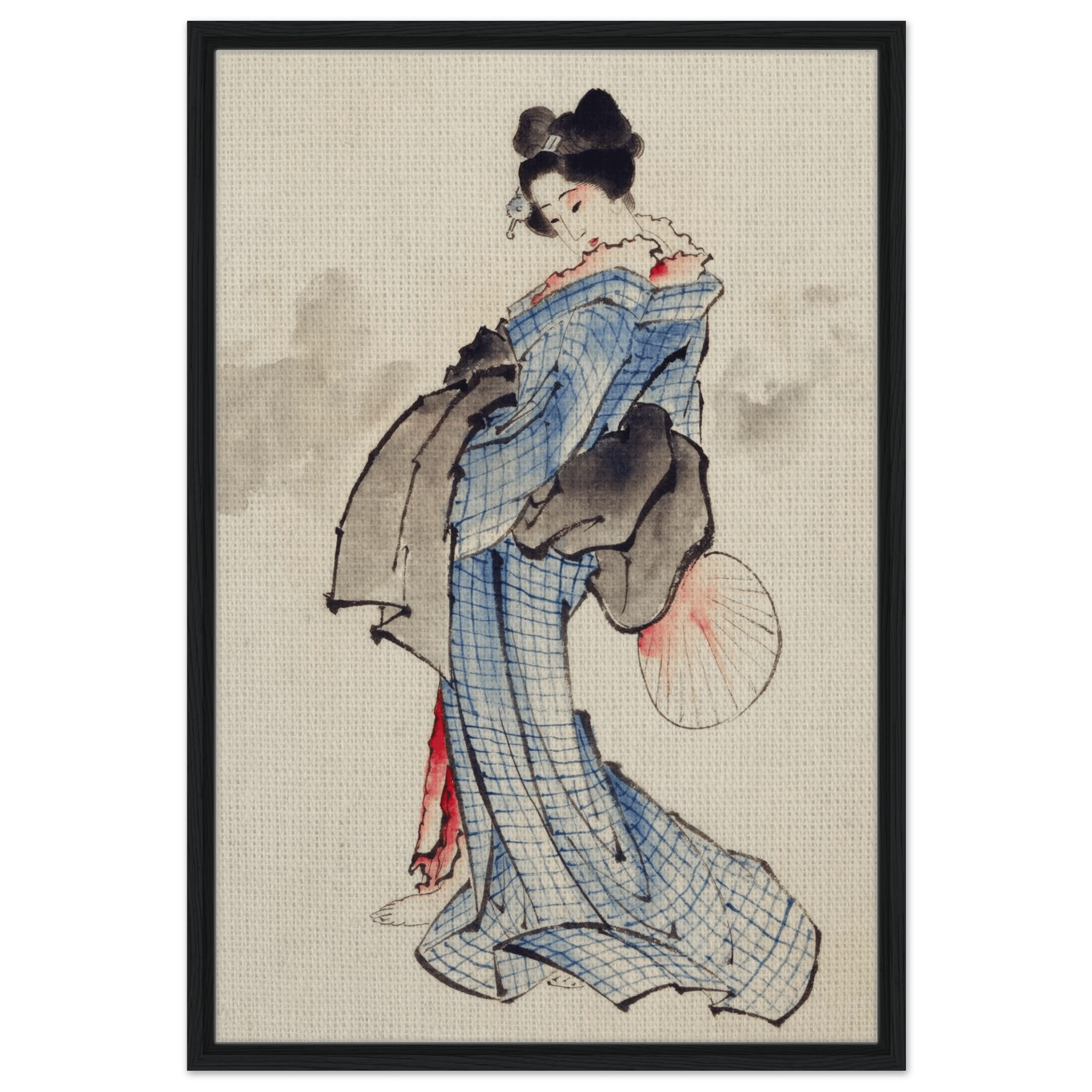 Frau mit Fächer im karierten Kimono - Signature Collection - HINORI