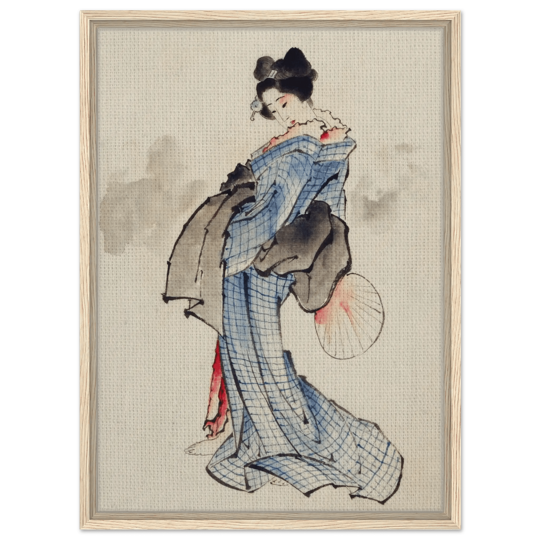 Frau mit Fächer im karierten Kimono - Signature Collection - HINORI