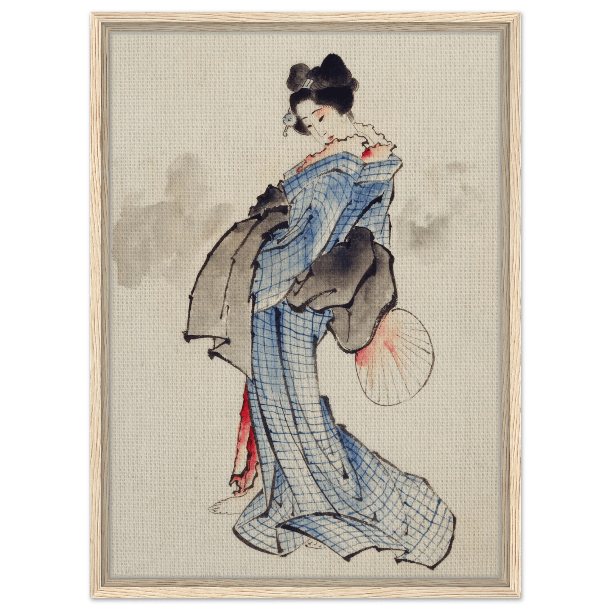 Frau mit Fächer im karierten Kimono - Signature Collection - HINORI