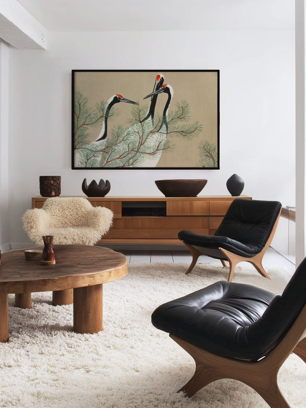 Kraniche im Kiefernwald - Gerahmte Eleganz