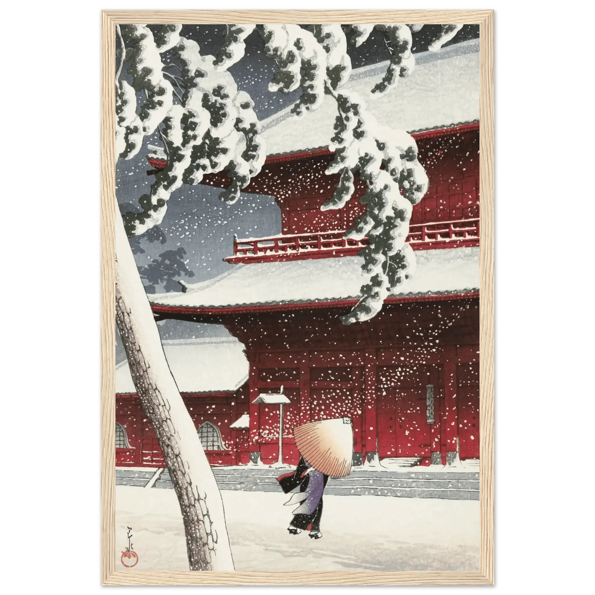 Schnee am Zojoji - Schrein in Shiba - Gerahmte Eleganz - HINORI