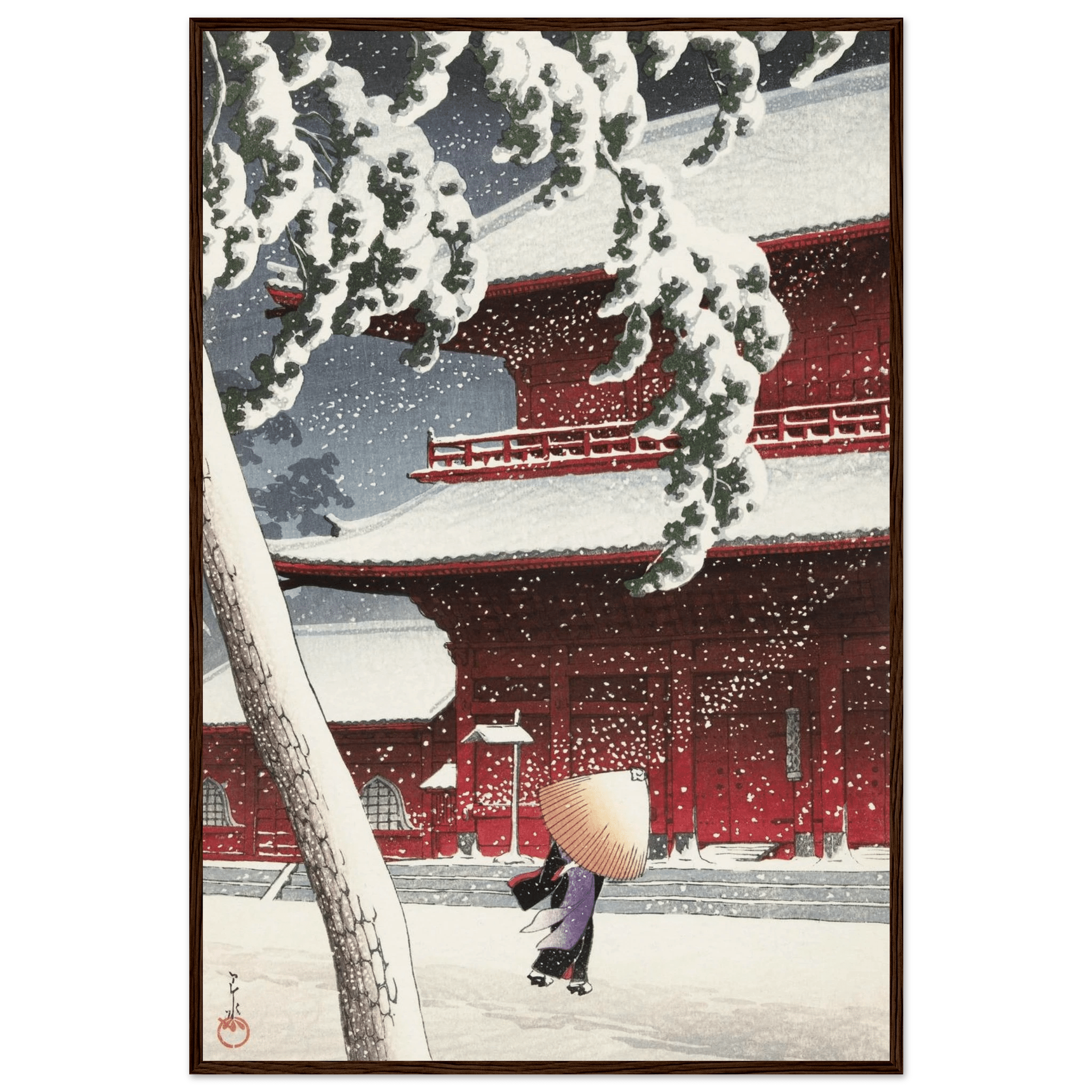 Schnee am Zojoji - Schrein in Shiba - Gerahmte Eleganz - HINORI