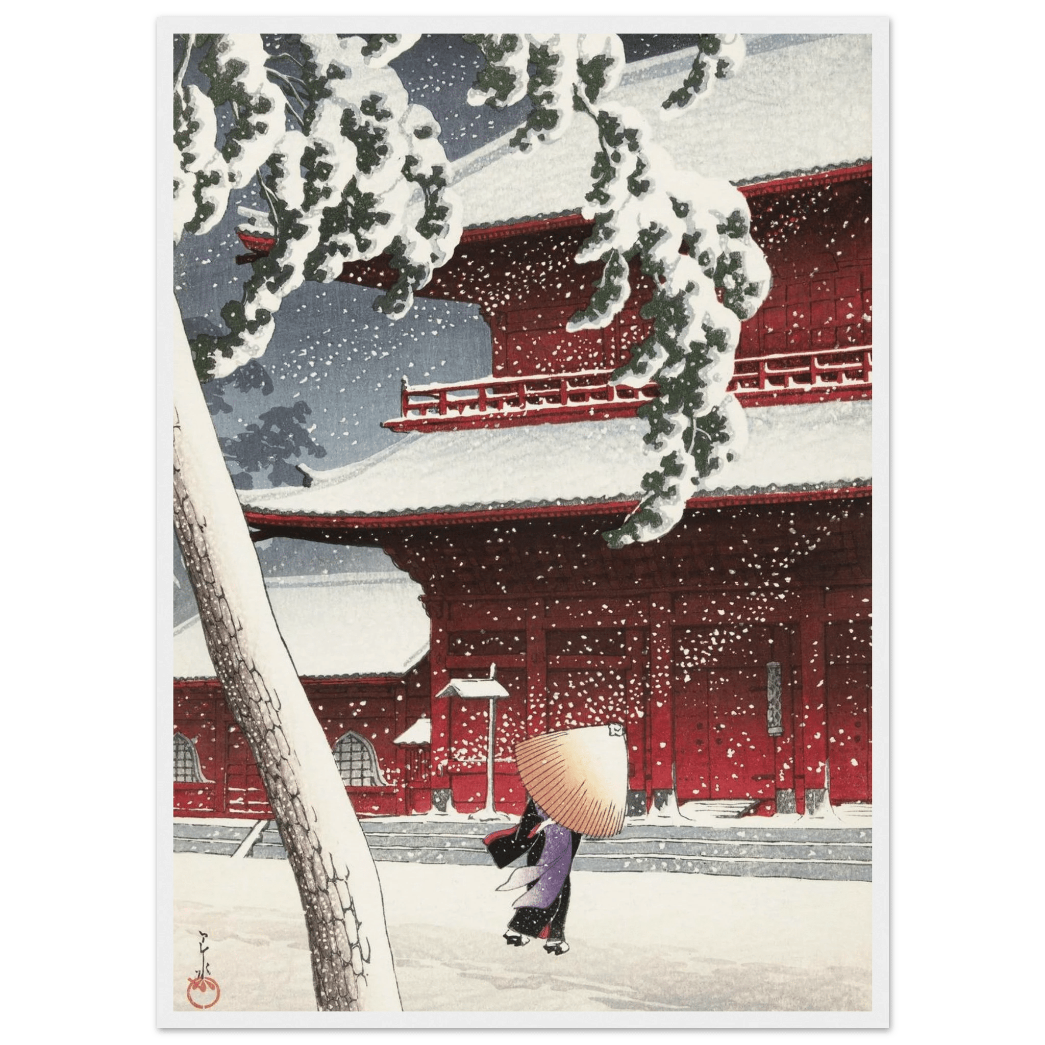 Schnee am Zojoji - Schrein in Shiba - Gerahmte Eleganz - HINORI