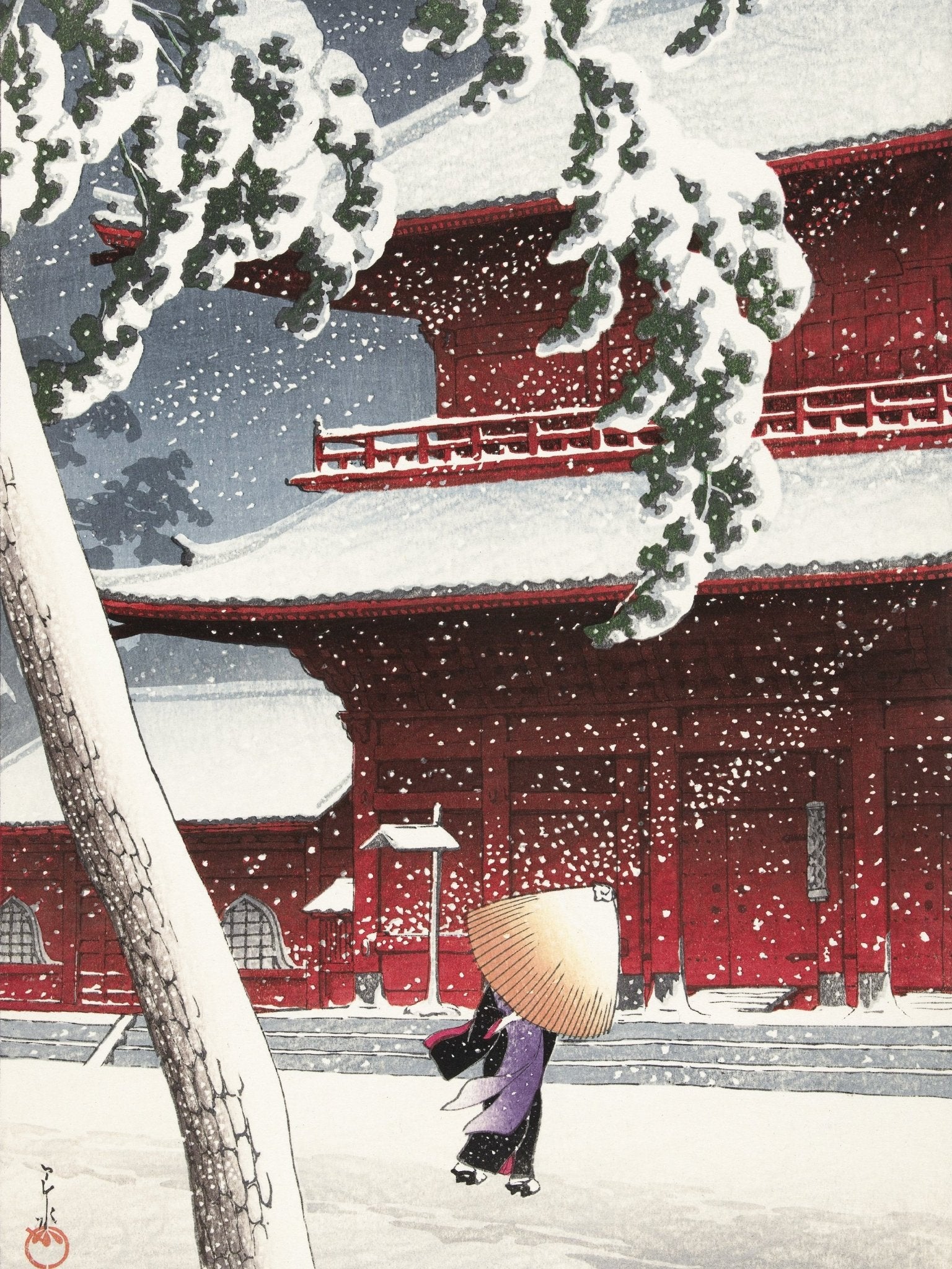 Schnee am Zojoji - Schrein in Shiba - Gerahmte Eleganz - HINORI