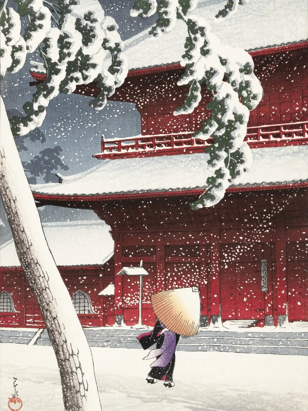 Schnee am Zojoji - Schrein in Shiba - Gerahmte Eleganz - HINORI