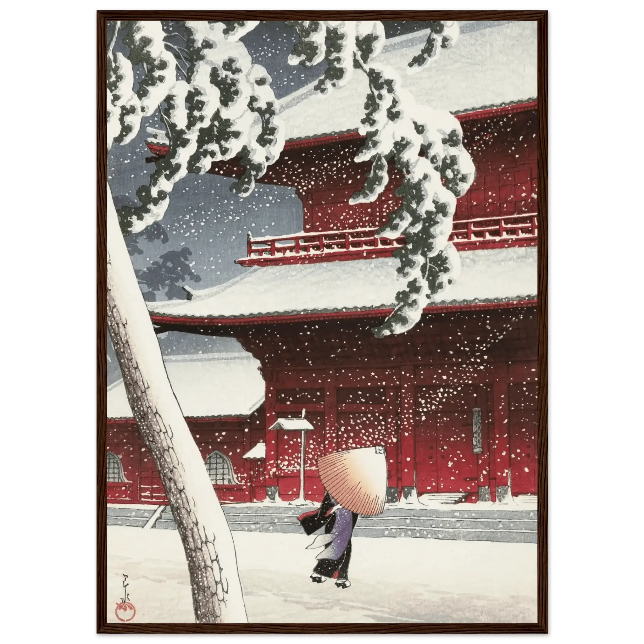 Schnee am Zojoji - Schrein in Shiba - Gerahmte Eleganz - HINORI