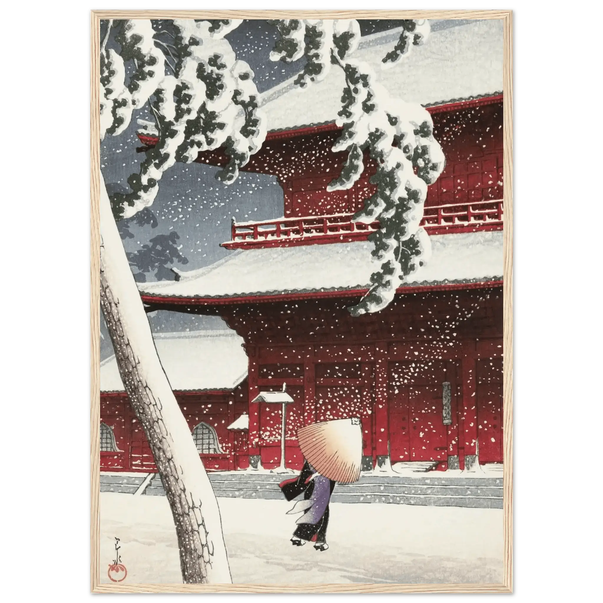 Schnee am Zojoji - Schrein in Shiba - Gerahmte Eleganz - HINORI