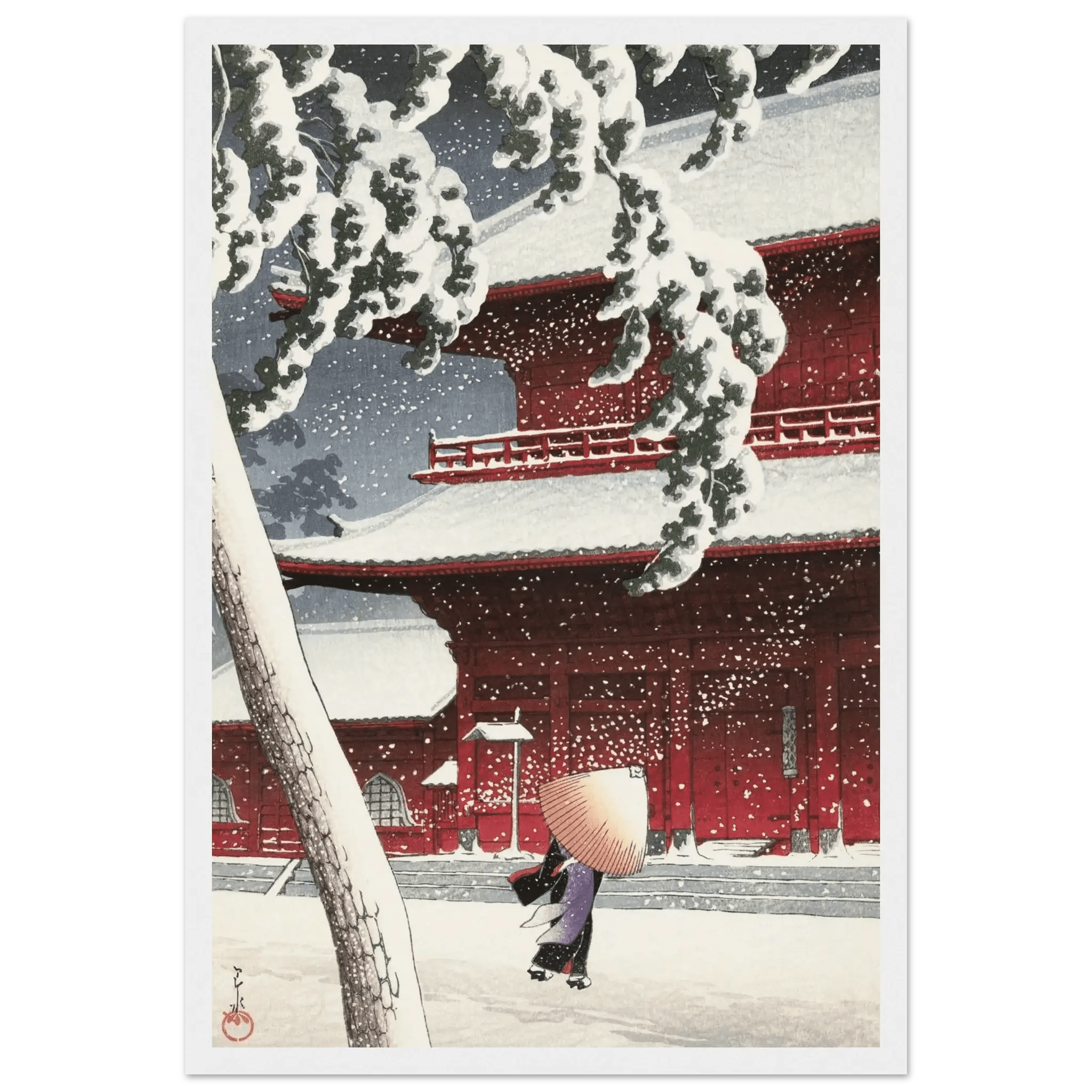 Schnee am Zojoji - Schrein in Shiba - Gerahmte Eleganz - HINORI