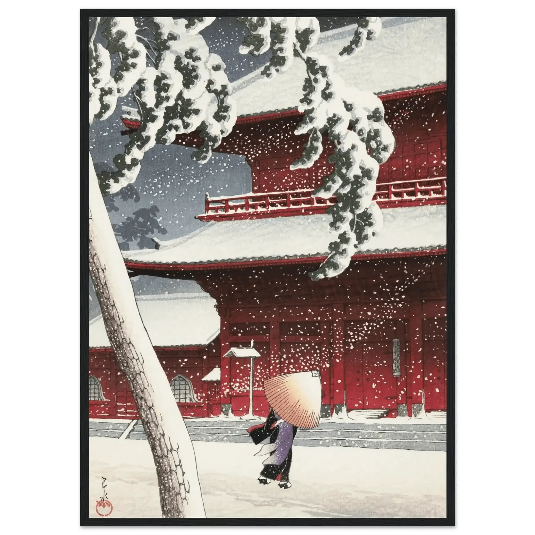 Schnee am Zojoji - Schrein in Shiba - Gerahmte Eleganz - HINORI