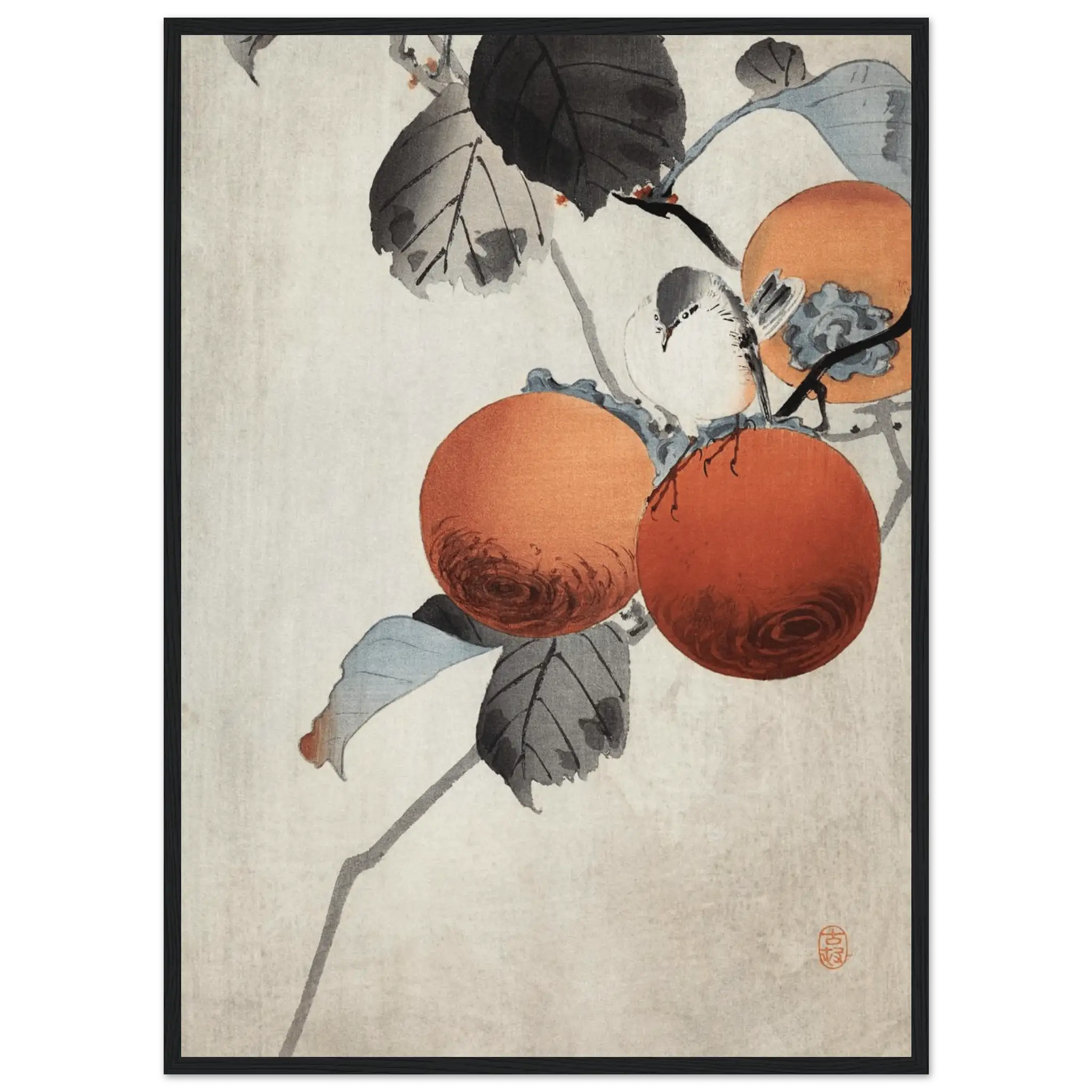 Vogel auf Kaki - Zweigen - Gerahmte Eleganz - HINORI