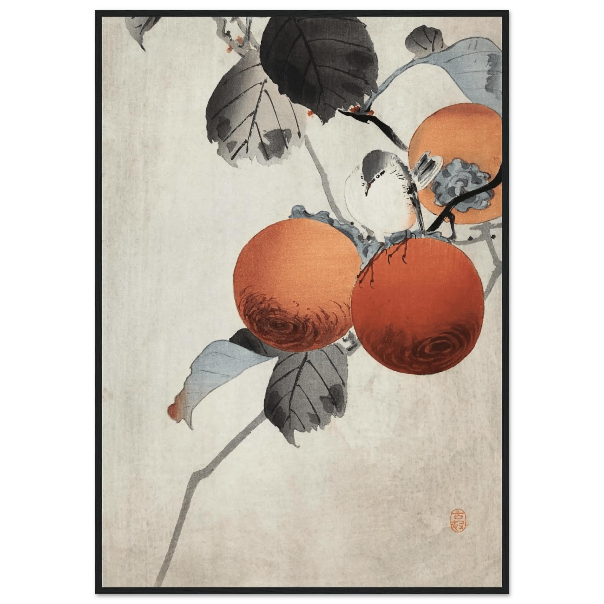Vogel auf Kaki - Zweigen - Gerahmte Eleganz - HINORI