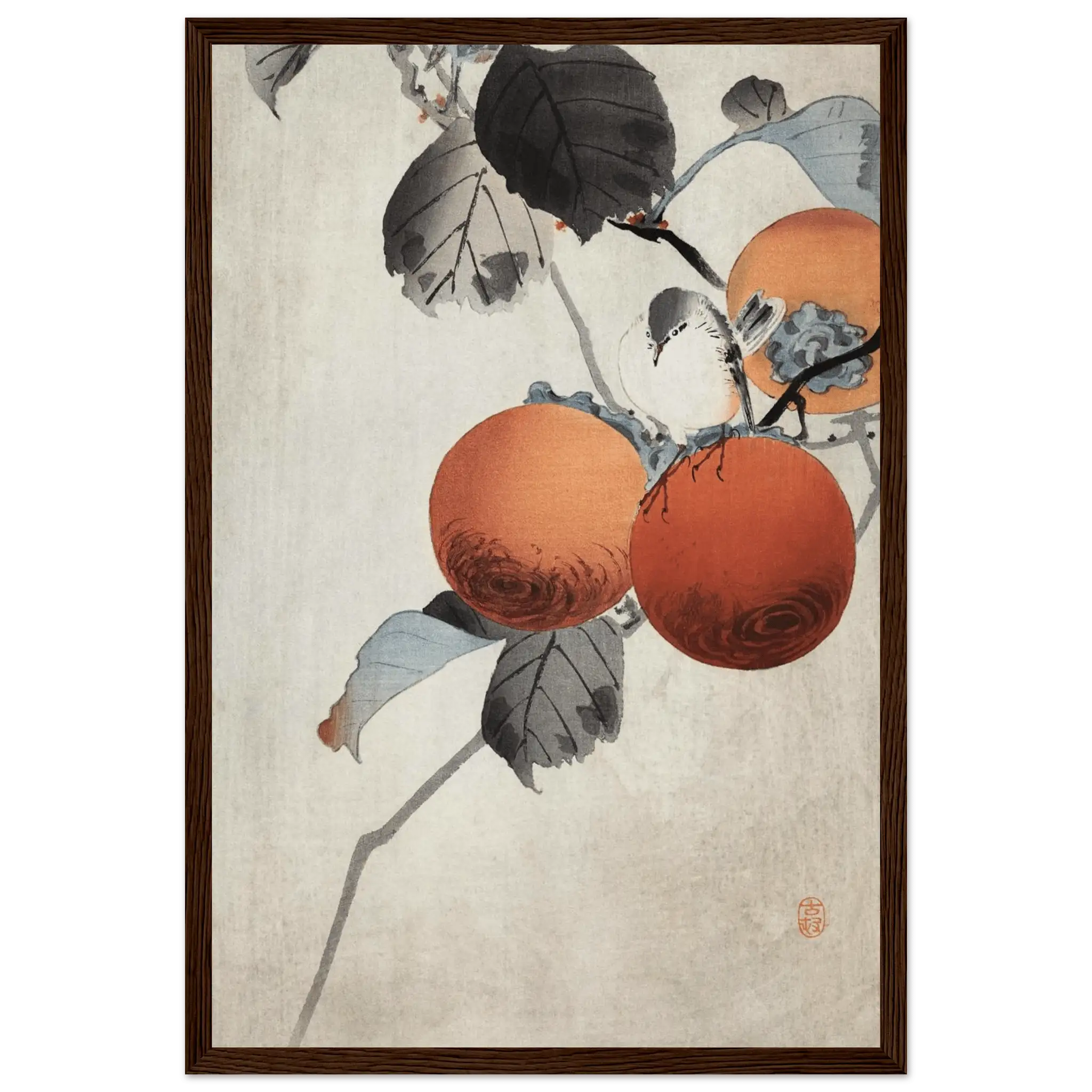 Vogel auf Kaki - Zweigen - Gerahmte Eleganz - HINORI