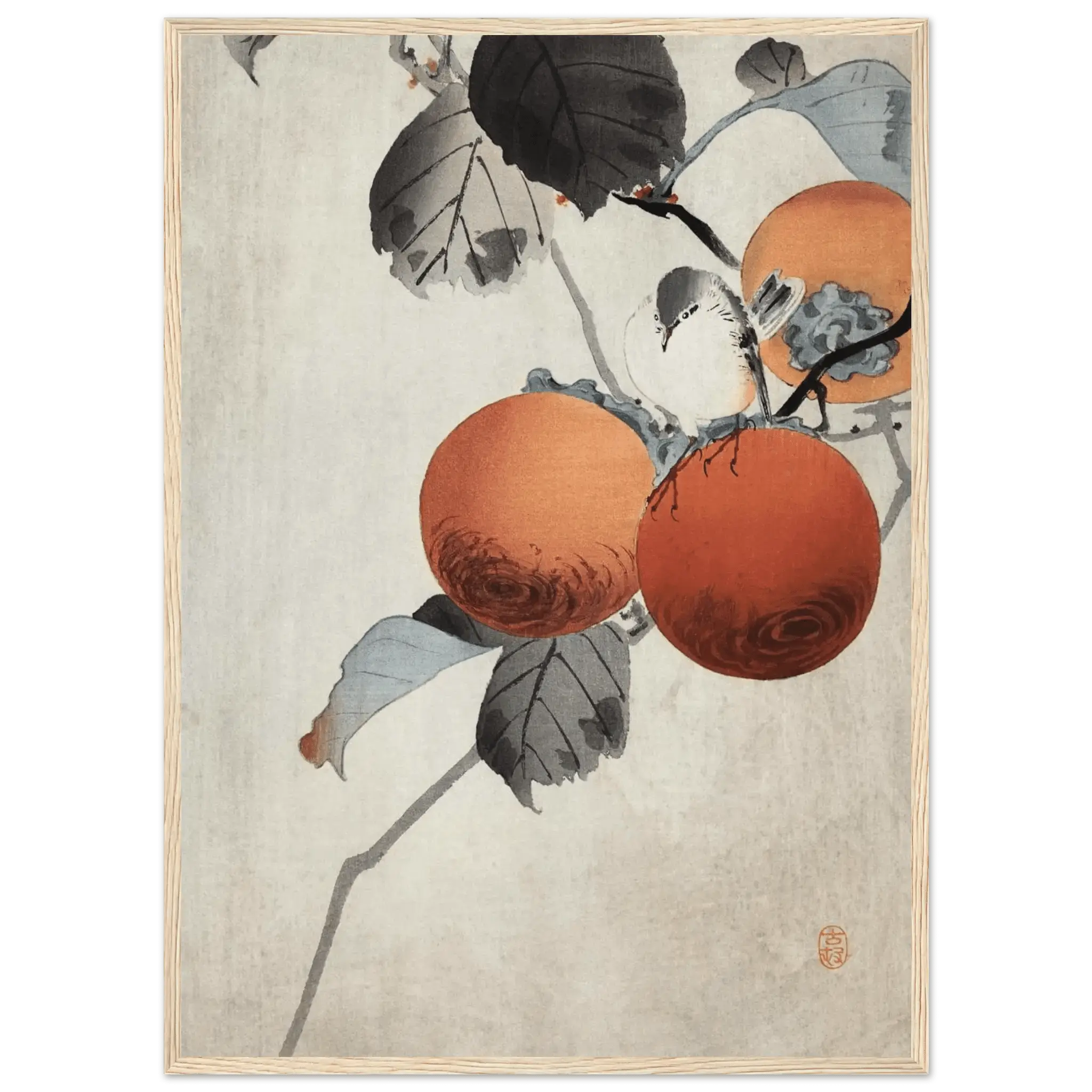 Vogel auf Kaki - Zweigen - Gerahmte Eleganz - HINORI