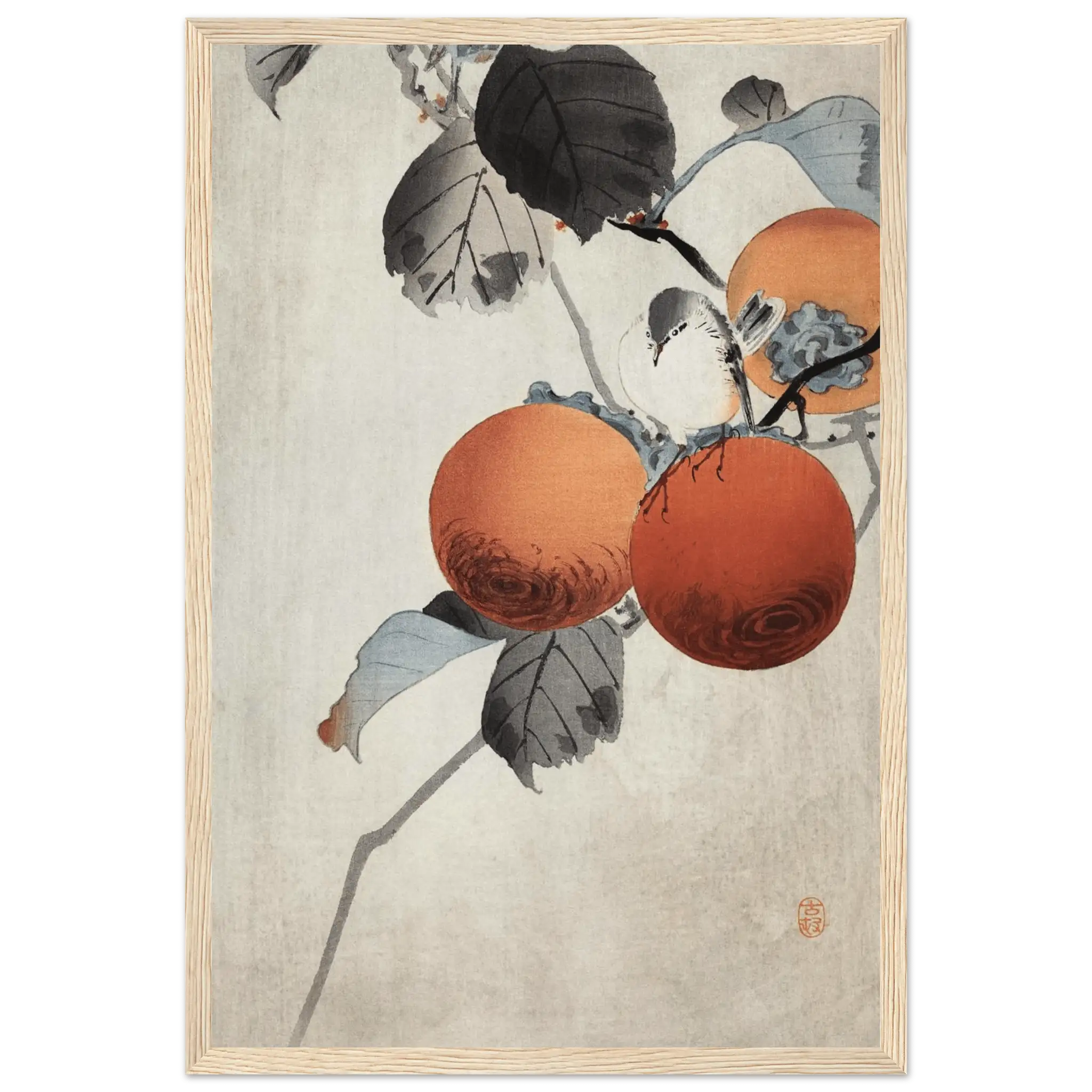 Vogel auf Kaki - Zweigen - Gerahmte Eleganz - HINORI
