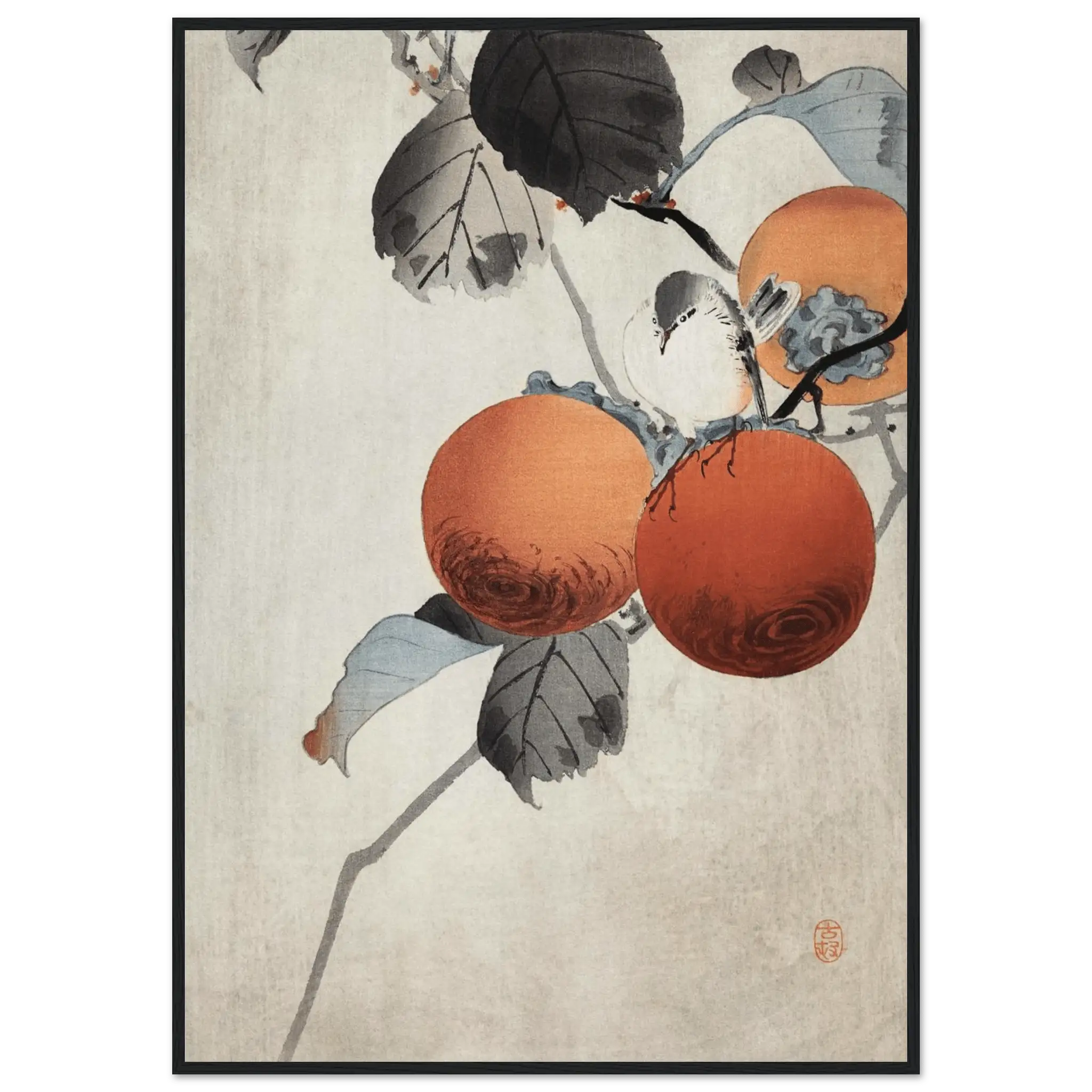 Vogel auf Kaki - Zweigen - Gerahmte Eleganz - HINORI
