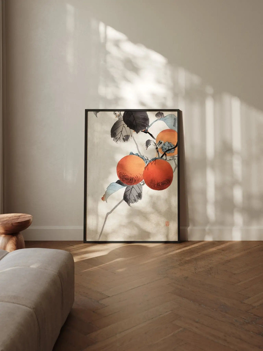 Vogel auf Kaki - Zweigen - Gerahmte Eleganz - HINORI