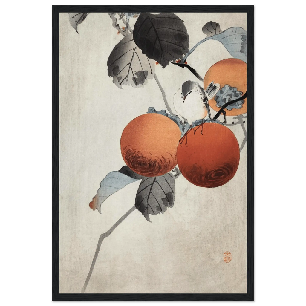 Vogel auf Kaki - Zweigen - Gerahmte Eleganz - HINORI
