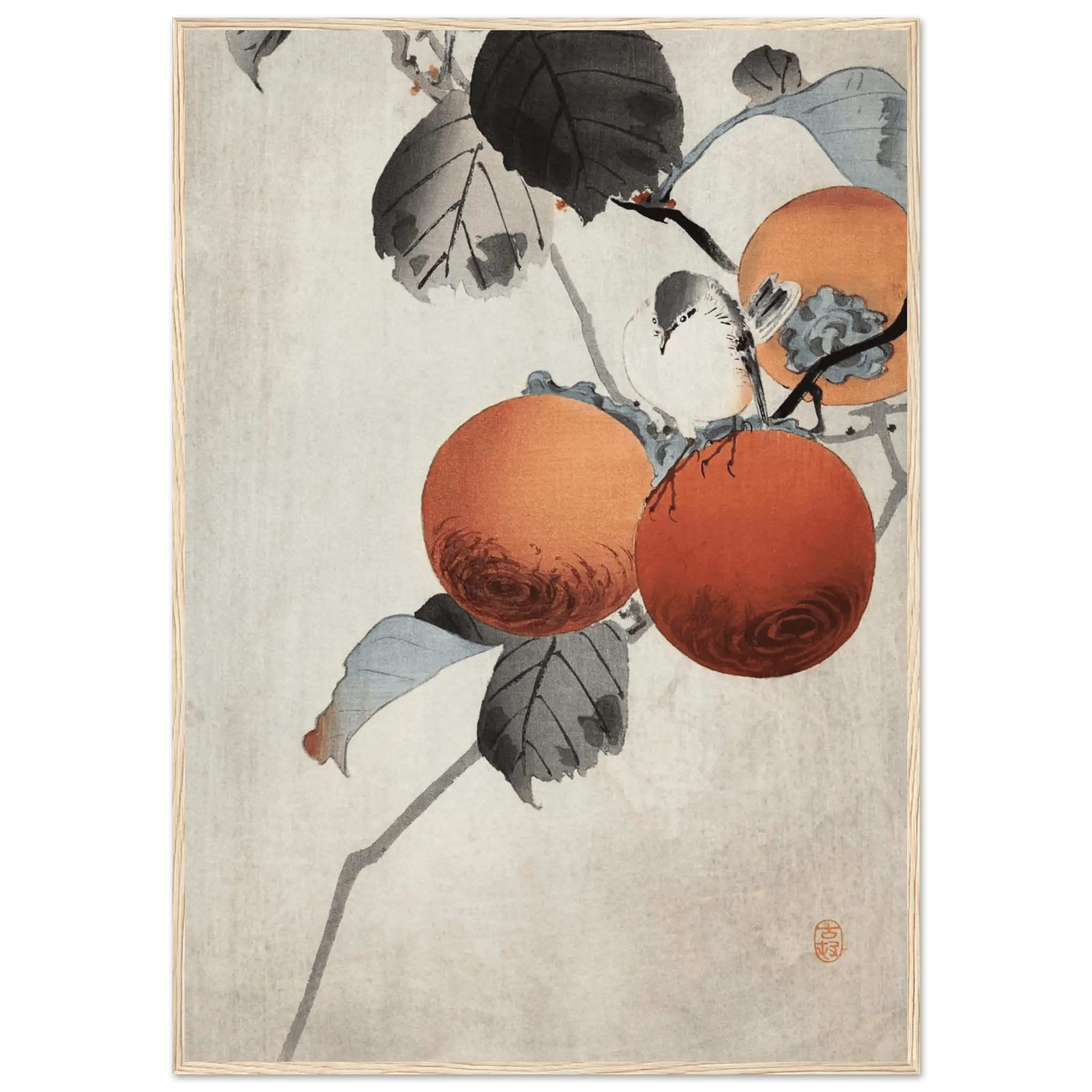 Vogel auf Kaki - Zweigen - Gerahmte Eleganz - HINORI