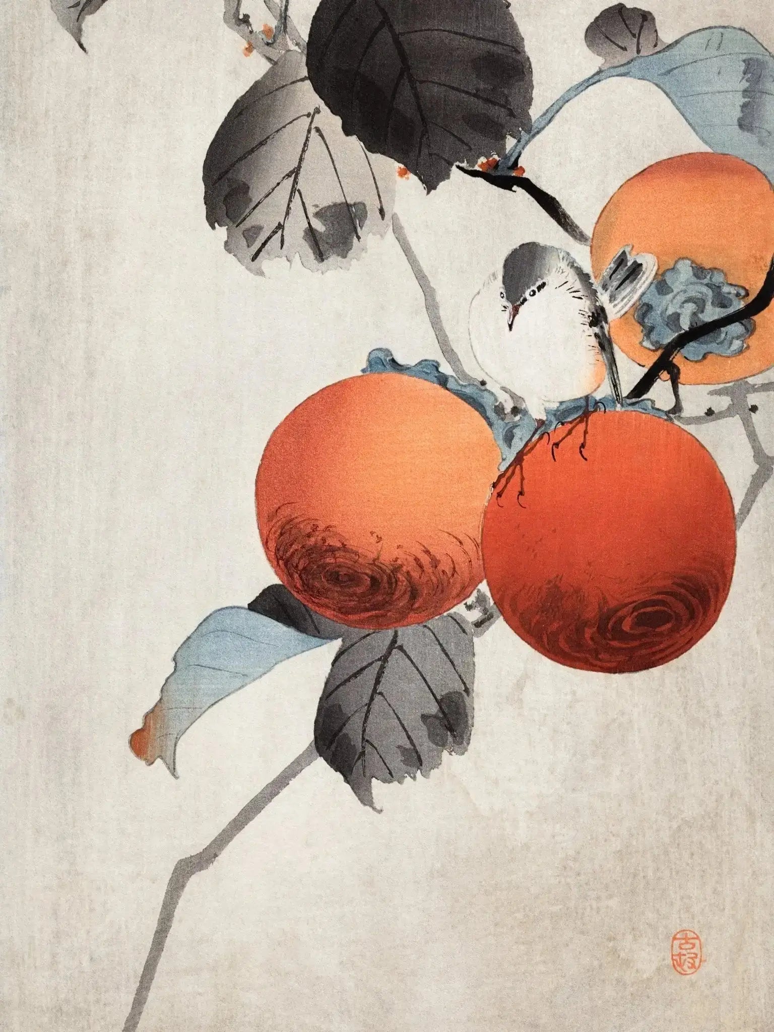 Vogel auf Kaki - Zweigen - Gerahmte Eleganz - HINORI