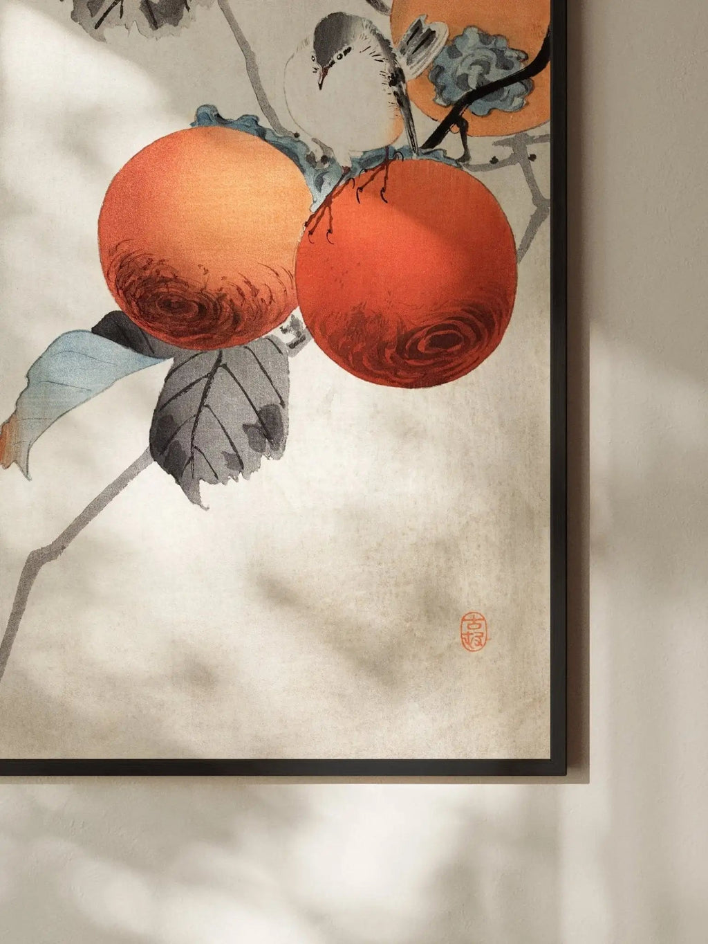 Vogel auf Kaki - Zweigen - Gerahmte Eleganz - HINORI