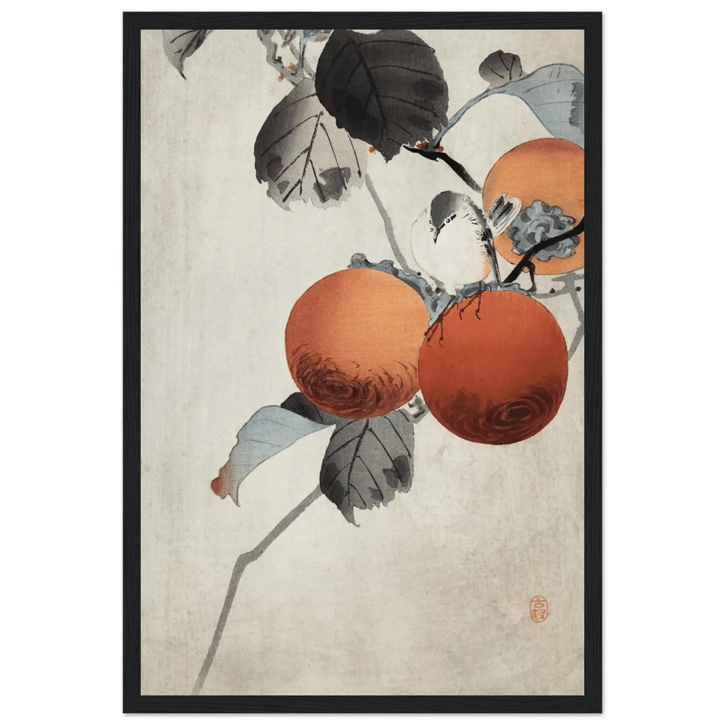 Vogel auf Kaki - Zweigen - Gerahmte Eleganz - HINORI