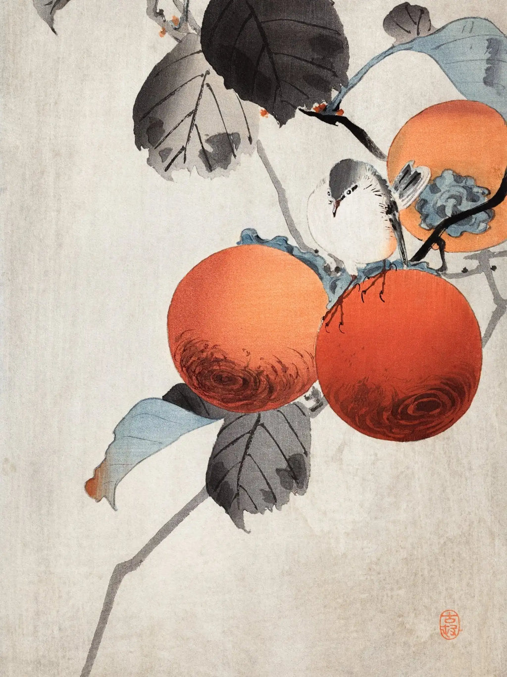 Vogel auf Kaki - Zweigen - Gerahmte Eleganz - HINORI