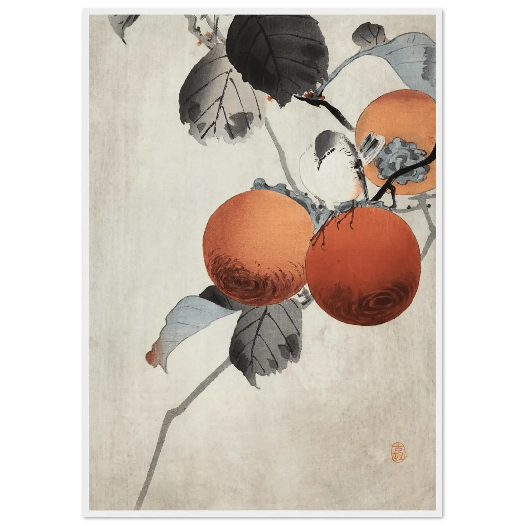 Vogel auf Kaki - Zweigen - Gerahmte Eleganz - HINORI